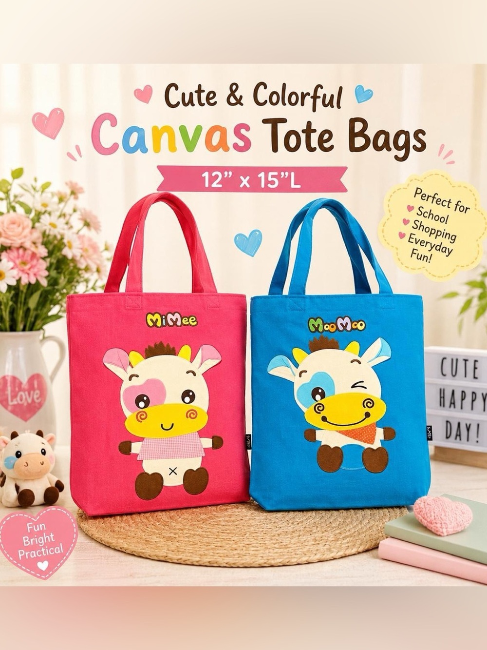 NWOT Cute Cow MiMee & MooMoo Canvas Tote Bags, Pick your color.